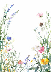 Illustration of colorful flowers. White space in the middle for wring notes. Watercoloring floral in abstract style. AI Generative. 