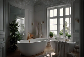 white vintage design interior bathroom classic Scandinavian bathe bathing bathtub shower shelf chair fur tile luxury hotel spa old style brick ceramic tub retro