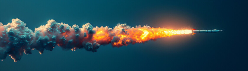 The fiery trail left behind by the space rocket contrasts against the serene blue backdrop. - obrazy, fototapety, plakaty