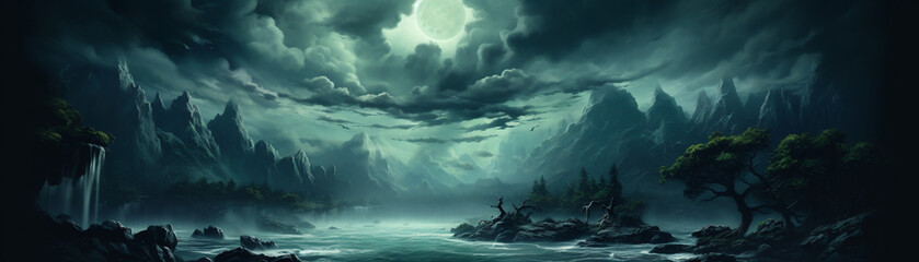 Fototapeta premium A peaceful night scene of a water road under menacing black clouds