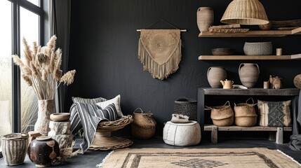 Ethnic style home decor with wicker baskets, ceramic pottery, and dried pampas grass in a vase