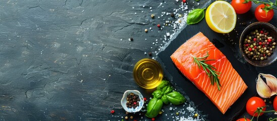 Raw salmon fillet with cooking ingredients on a dark stone surface, seen from above with room for text. - obrazy, fototapety, plakaty