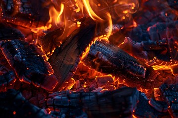 A dramatic close-up of a campfire, flames licking at the night sky and casting dancing shadows.