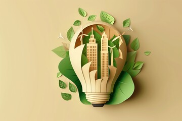 A paper art style illustration of an energy LED light bulb containing buildings, trees and wind turbines inside it, set against a beige background.