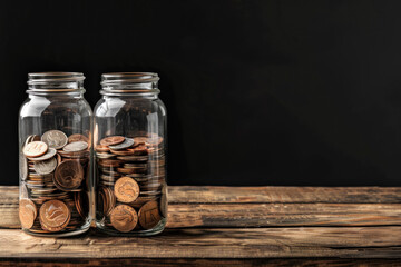 two glass jars filled with coins on a wooden table against a black background - Powered by Adobe