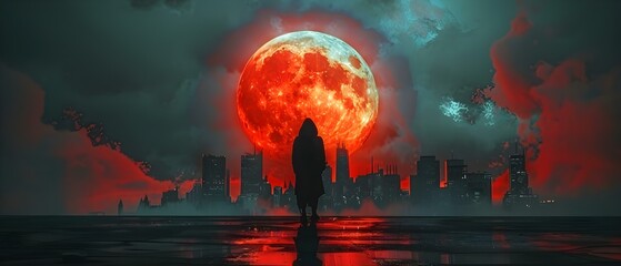 Mystic Observer Amidst Crimson Moonrise. Concept Fantasy Photography, Moonlight Portrait, Mystical Themes, Unique Props, Red Color Palette - obrazy, fototapety, plakaty