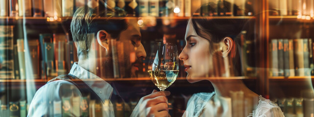 A literary escape: a couple immerses themselves in books and wine, creating their own world within the rich tapestry of a vintage library. Double exposure. - obrazy, fototapety, plakaty
