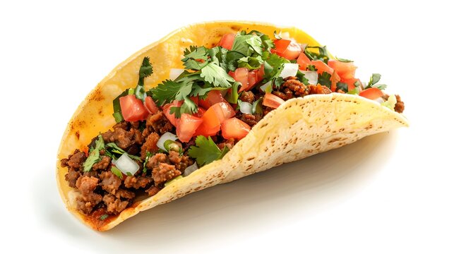 Delicious beef taco with fresh vegetables. Ideal for recipe websites and food blogs. Simple and appetizing meal image. Traditional Mexican cuisine. AI