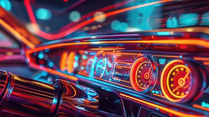 Closeup of a hightech neon interface in a retro car, blending nostalgia with innovation