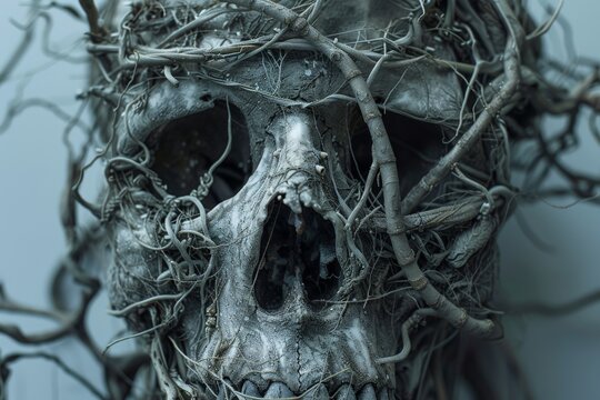 A detailed abstract skull composed of intertwined vines and roots, creating a sense of growth and decay.