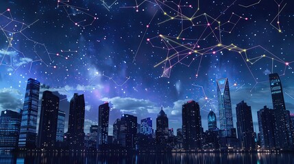 Urban skyline at night with neon zodiac constellations mapping the stars - obrazy, fototapety, plakaty