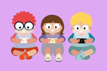 three kids playing game, vector illustration, game concept