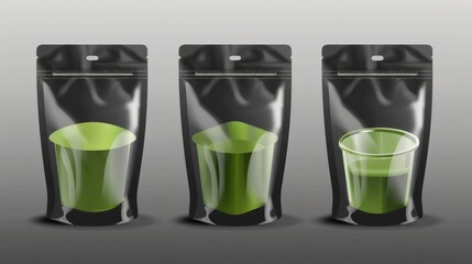 Doypack for food with a zipper and clear window. Blank stand-up plastic bags with green tea. Modern realistic mockup of black flex packaging with a zip lock isolated on transparent background.