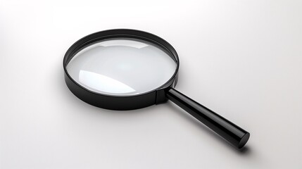 A black magnifying glass on a stark white background