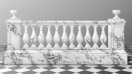 Balustrade with white marble on balcony, porch or terrace. Stone handrail isolated on transparent background. Modern realistic mockup with baroque railing.