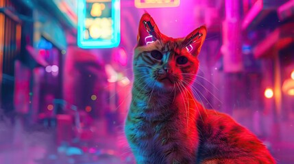 Cybernetic alley cat with biotech enhancements in a glowing neonlit urban jungle, misty atmosphere, closeup shot - obrazy, fototapety, plakaty