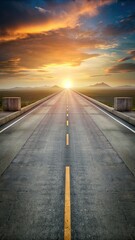 long straight asphalt road disappearing towards bright orange sun setting on horizon