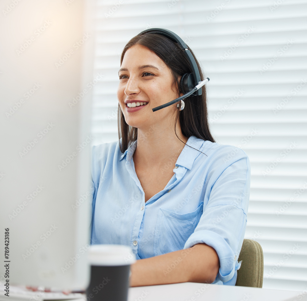 Poster Computer, sales or happy woman consultant in call center talking or networking online in a telecom office. Smile, support or virtual assistant in communication or conversation at customer services
