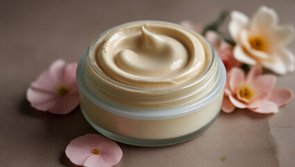 Fototapeta na wymiar A glass jar of Bealku skin cream with the lid off.