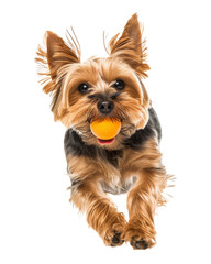 Yorkshire terrier dog playing with ball isolated on transparent background