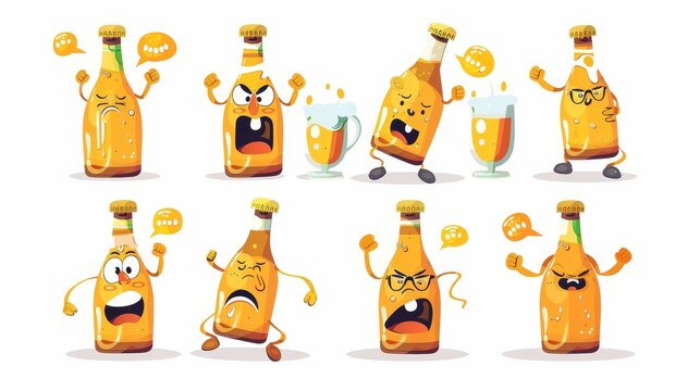 A cute beer bottle character in different poses. Modern set of cartoons with funny mascots, lager pints laughing, sad, talking and hugs with a glass of beer.