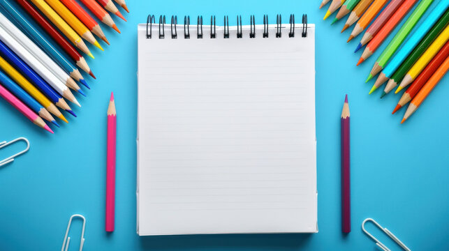 top view of blank notebook and colorful pencils on blue background. school desk with stationery. background for education concept