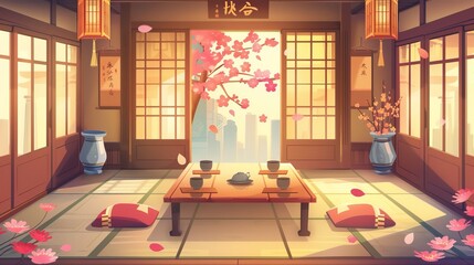 Chinese or Japanese restaurant, cafeteria cartoon modern illustration in traditional style with table for tea ceremony, sakura flowers, low desk with pillows on floor.