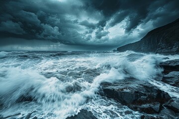 A dramatic landscape photo of a stormy coastline, with powerful waves crashing against rocks and rain whipping across the sky