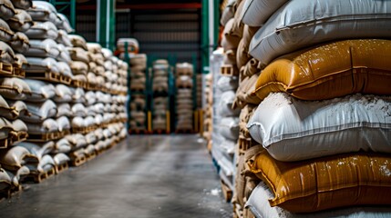 Stacked sacks in a storage warehouse reflect logistics operations. Industrial style, focus on supply chain concept. Abundance of goods ready for distribution. AI