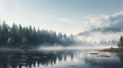 A mysterious fog rolling over a tranquil lake, shrouding the surrounding trees.