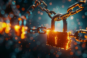 A group of glowing padlocks forming a chain that binds a malicious program trying to break through a firewall.