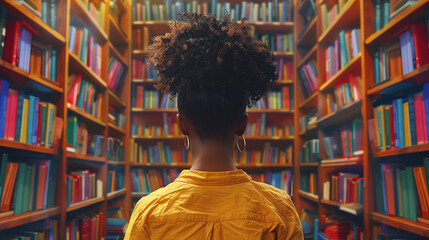 A thoughtful young woman stands amidst a vibrant array of books in a library, symbolizing knowledge and learning.