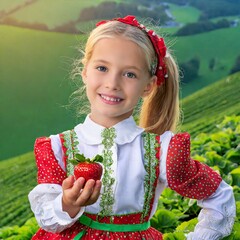 Little blonde girl in a strawberry costume holds a great red strawberry in her hands.
Strawberry fields background.
Close up.
Strawberry season.