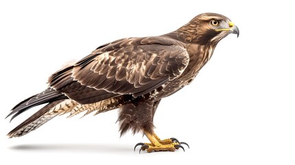 Fototapeta premium Majestic brown hawk in profile view demonstrating natural wildlife beauty. Isolated on a white background, perfect for educational and promotional materials. AI