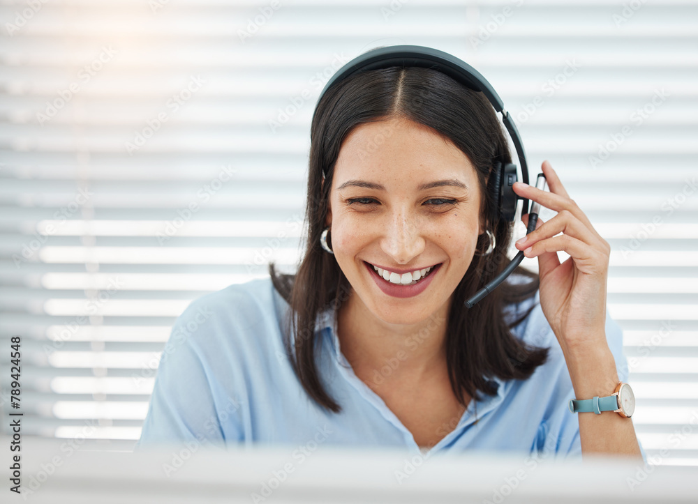 Aufkleber Computer, agent or happy woman consultant in call center talking or networking online in a telecom office. Smile, support or virtual assistant in communication or conversation at customer services