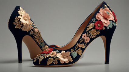 A pair of floral patterned stiletto heels.

