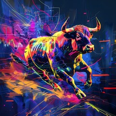 Vibrant Stylized Bull Soaring Above Rising Charts in a Futurist Digital Art Generative ai