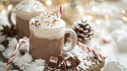 Rolgordijnen Hot Chocolate With Whipped Cream and Candy Cane © Prostock-studio