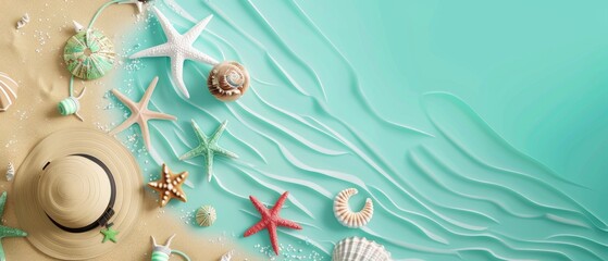 Beach sand with summer accessories on green mint background. 3D rendering.