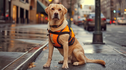 yellow labrador dog wearing safety vest on a city street