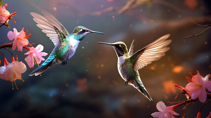 A pair of hummingbirds mid-flight, surrounded by a blur of colorful blossoms.