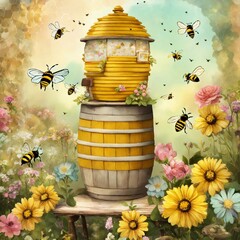 barrel with honey and flowers