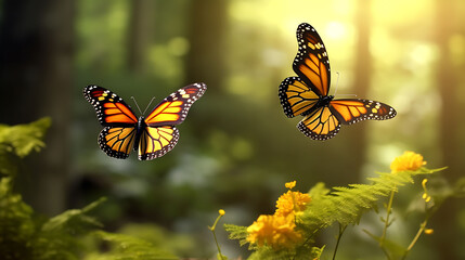 A pair of monarch butterflies engaged in a delicate mid-air dance.