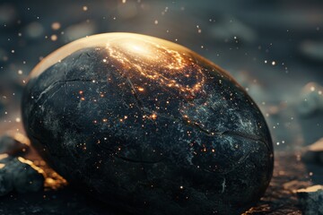 A hyperrealistic close-up of a smooth, polished black stone with a single ray of light illuminating a tiny trapped galaxy within.