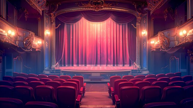 Elegant theater interior awaiting an audience, with plush red seats and a grand stage curtain. A classic venue for drama and arts. Vintage ambiance for cultural events. AI
