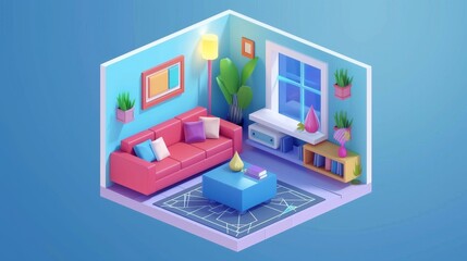 An interior design banner with an isometric view of a living room