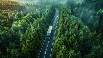 Aerial top view of car and truck driving on highway road in green forest. Sustainable transport....