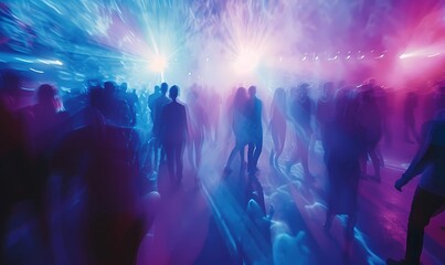 Silhouettes of people enjoying a music event under dynamic, colorful lights. Enthralling nightclub atmosphere with vivid lights. Enthralling nightclub atmosphere with vivid lights - obrazy, fototapety, plakaty