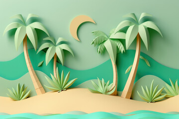 Fototapeta na wymiar 3D render of colorful tropical beach with palm trees made from paper art origami. paper art for a banner or wallpaper design concept