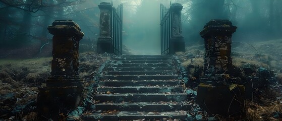 Stairway to the Mysterious Abyss. Concept Adventure Photography, Enchanting Landscapes, Surreal Portraits, Deep Shadows, Mystical Settings